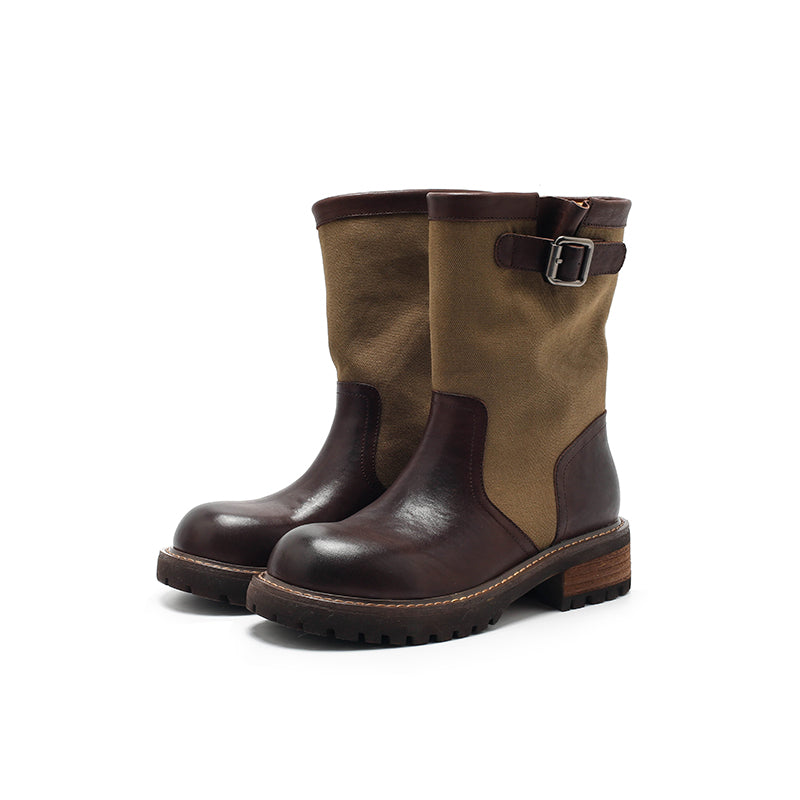 Dwarves Two-Tone Buckle Strap Mid-Calf Engineer Boots Leather Linen Biker Boots in 4 Colors