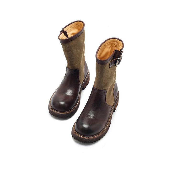 Dwarves Two-Tone Buckle Strap Mid-Calf Engineer Boots Leather Linen Biker Boots in 4 Colors