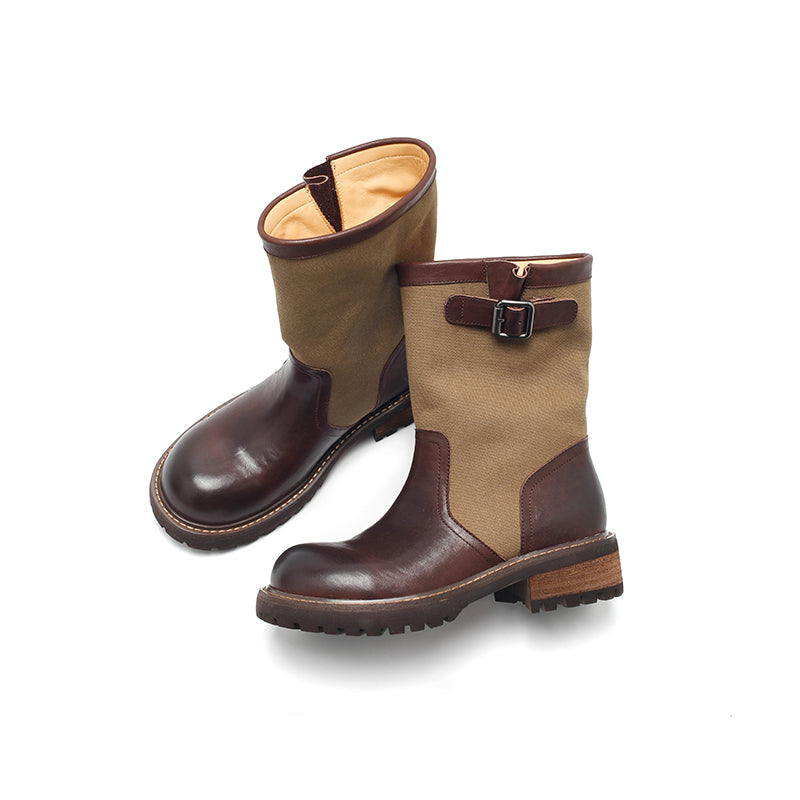 Dwarves Two-Tone Buckle Strap Mid-Calf Engineer Boots Leather Linen Biker Boots in 4 Colors