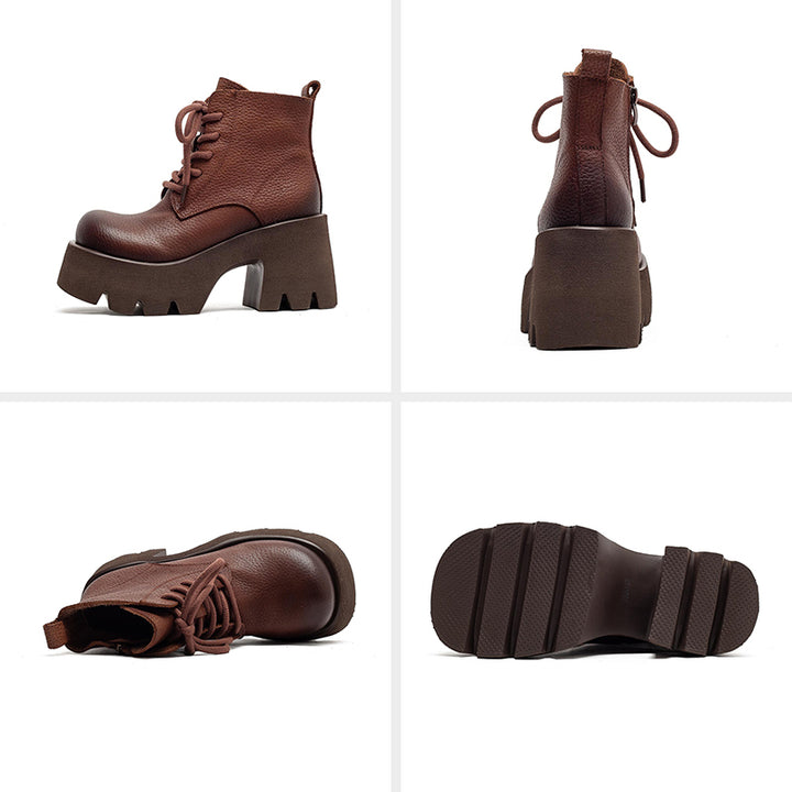 85mm Vintage Cowhide Platform Lace-Up Ankle Boots for Women in Black/Brown