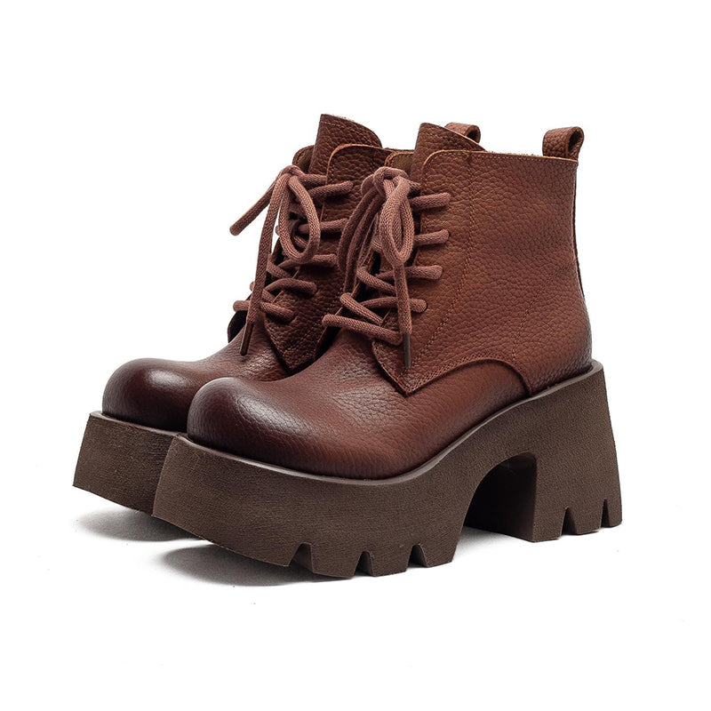 85mm Vintage Cowhide Platform Lace-Up Ankle Boots for Women in Black/Brown