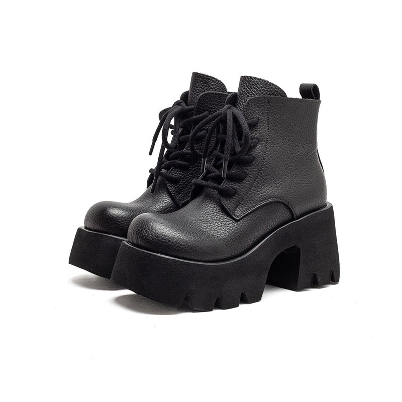 85mm Vintage Cowhide Platform Lace-Up Ankle Boots for Women in Black/Brown