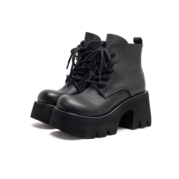 85mm Vintage Cowhide Platform Lace-Up Ankle Boots for Women in Black/Brown