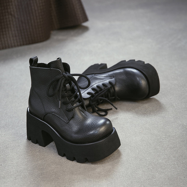 85mm Vintage Cowhide Platform Lace-Up Ankle Boots for Women in Black/Brown