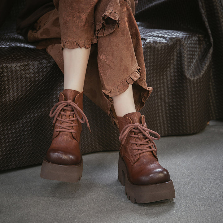 85mm Vintage Cowhide Platform Lace-Up Ankle Boots for Women in Black/Brown