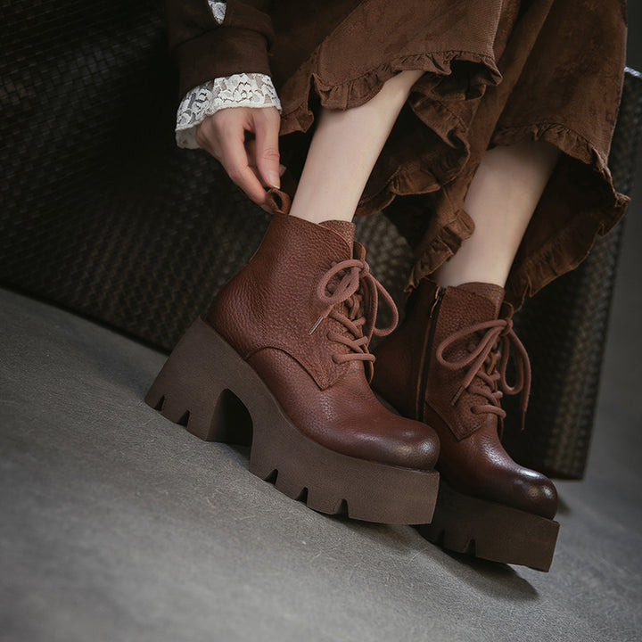 85mm Vintage Cowhide Platform Lace-Up Ankle Boots for Women in Black/Brown