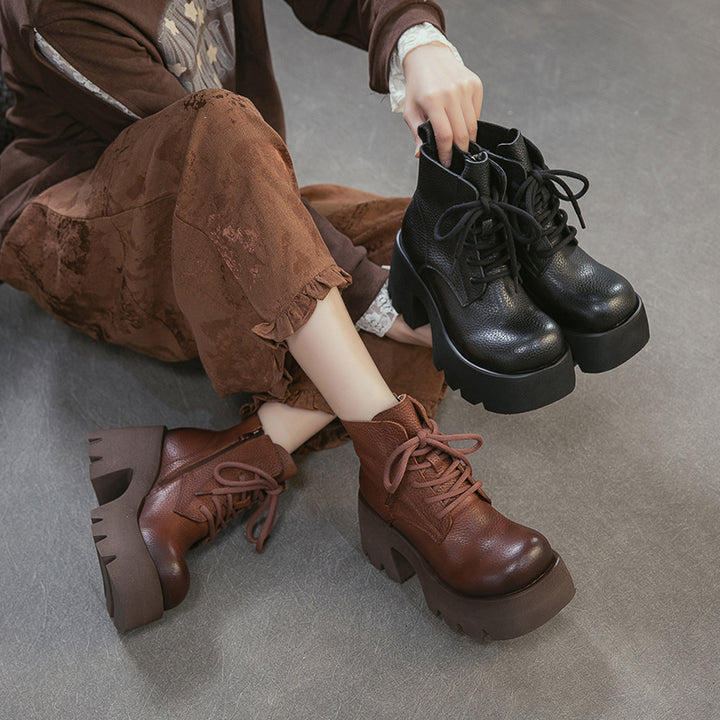 85mm Vintage Cowhide Platform Lace-Up Ankle Boots for Women in Black/Brown