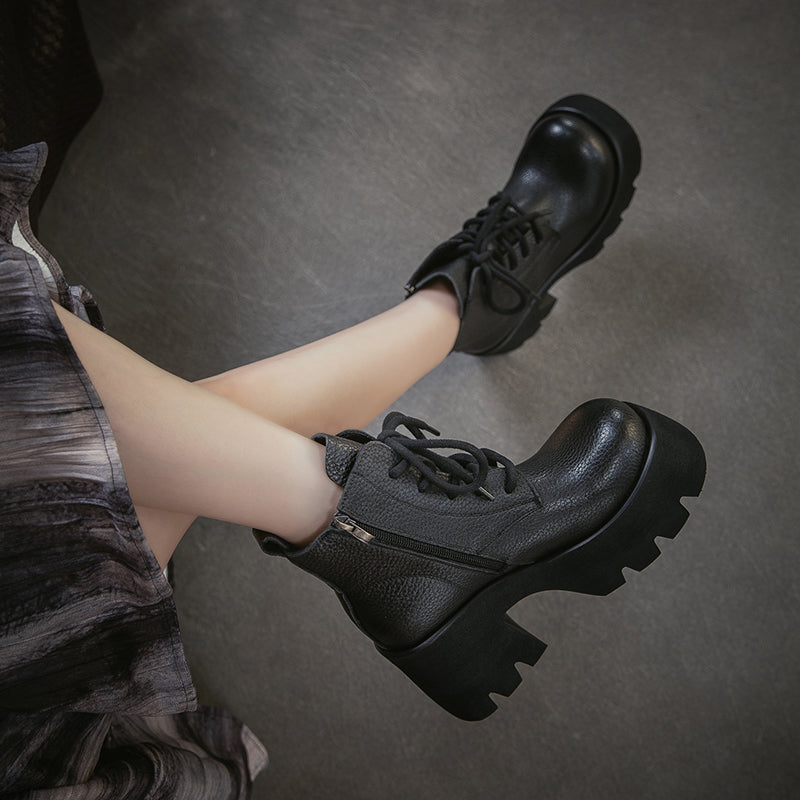 85mm Vintage Cowhide Platform Lace-Up Ankle Boots for Women in Black/Brown