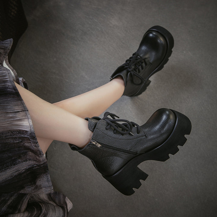 85mm Vintage Cowhide Platform Lace-Up Ankle Boots for Women in Black/Brown