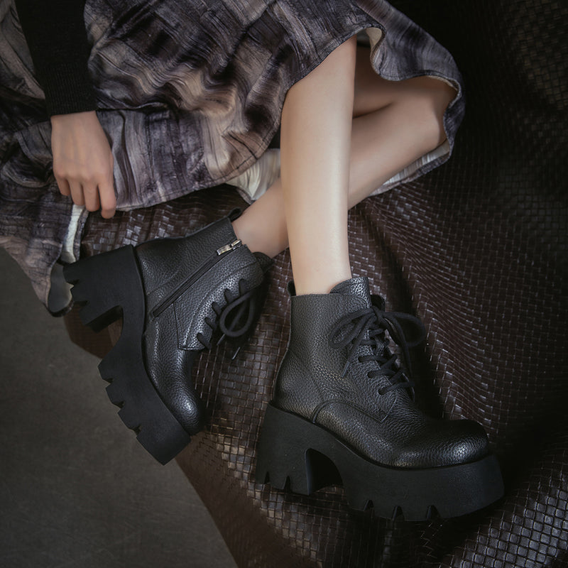 85mm Vintage Cowhide Platform Lace-Up Ankle Boots for Women in Black/Brown