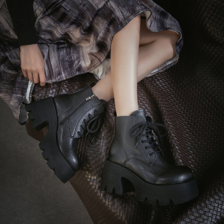 85mm Vintage Cowhide Platform Lace-Up Ankle Boots for Women in Black/Brown