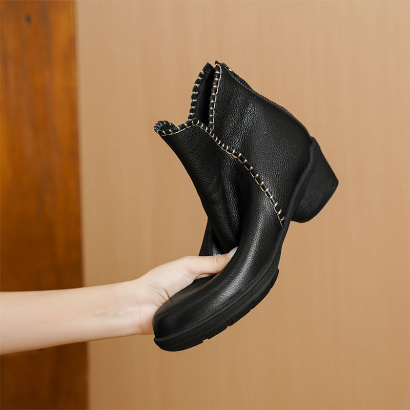 Mori Girl Full Grain Soft Leather Chunky Ankle Boots with Back Zipper in Black/Brown