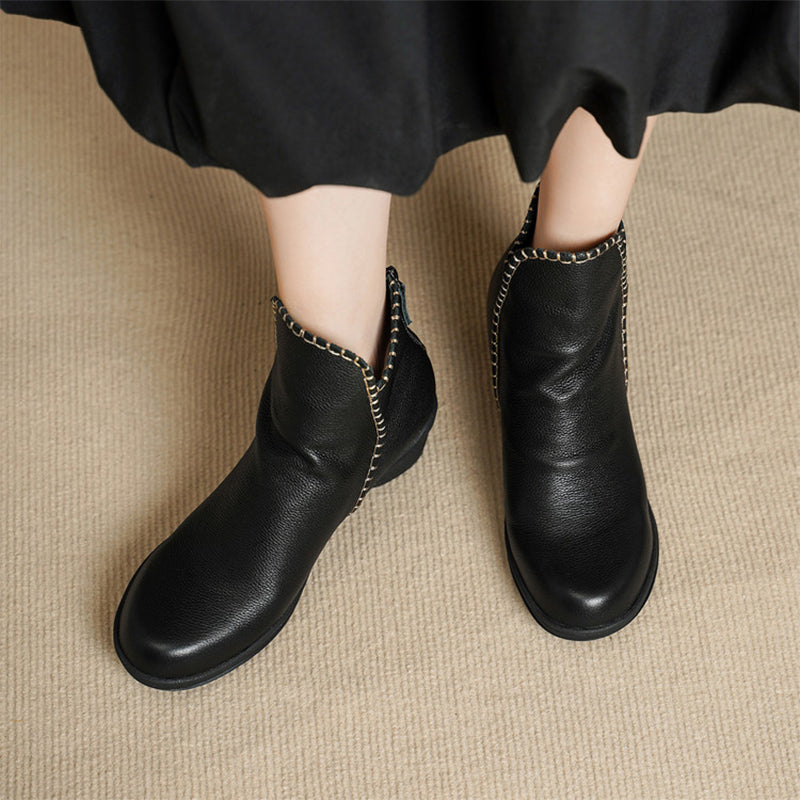Mori Girl Full Grain Soft Leather Chunky Ankle Boots with Back Zipper in Black/Brown