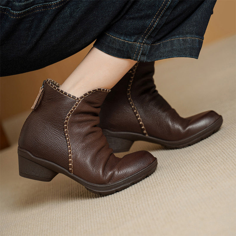 Mori Girl Full Grain Soft Leather Chunky Ankle Boots with Back Zipper in Black/Brown