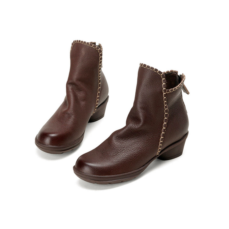 Mori Girl Full Grain Soft Leather Chunky Ankle Boots with Back Zipper in Black/Brown