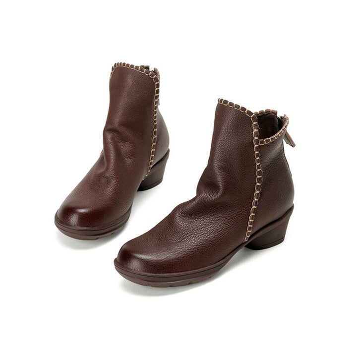 Mori Girl Full Grain Soft Leather Chunky Ankle Boots with Back Zipper in Black/Brown
