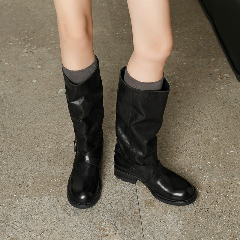Handmade Horse Leather Slouch Mid-Calf Engineer Boots with Buckle Strap in Black/Brown