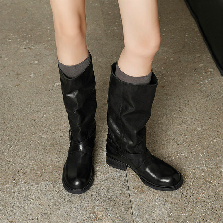 Handmade Horse Leather Slouch Mid-Calf Engineer Boots with Buckle Strap in Black/Brown