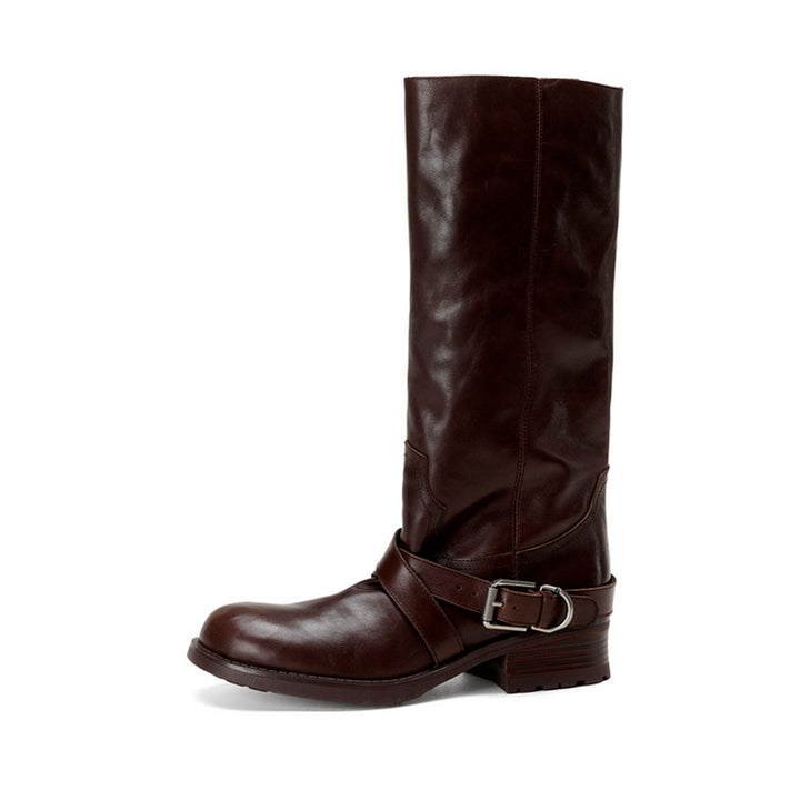 Handmade Horse Leather Slouch Mid-Calf Engineer Boots with Buckle Strap in Black/Brown