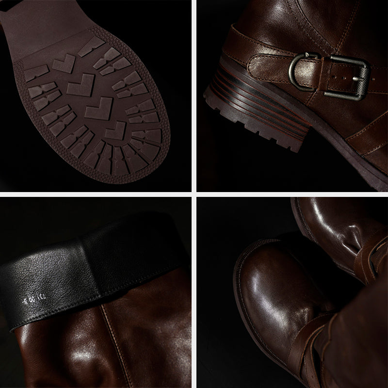 Handmade Horse Leather Slouch Mid-Calf Engineer Boots with Buckle Strap in Black/Brown