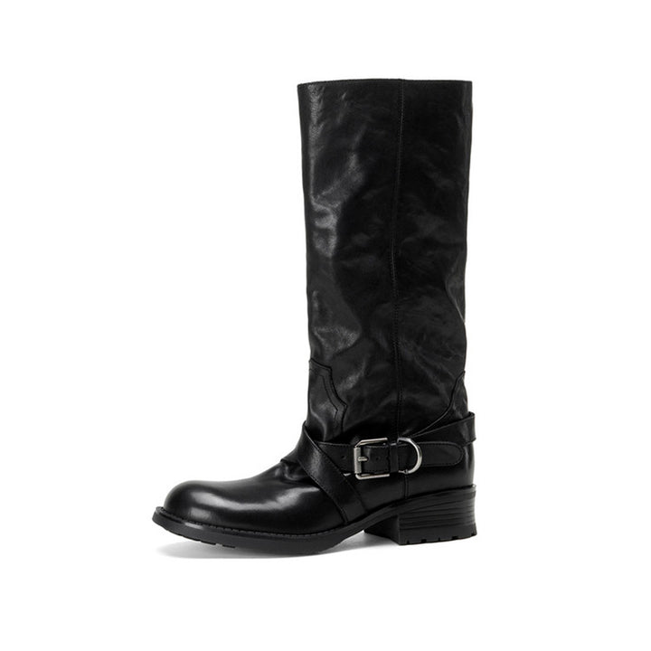 Handmade Horse Leather Slouch Mid-Calf Engineer Boots with Buckle Strap in Black/Brown