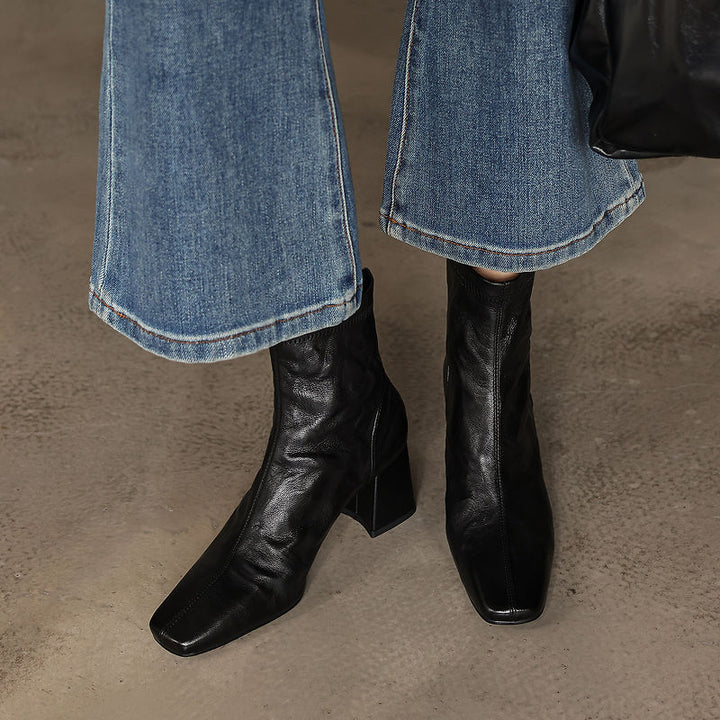 Bottes élégantes en cuir à talon haut, à zip arrière, à la cheville, en Rouge/Noir