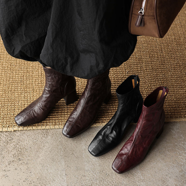 Bottes élégantes en cuir à talon haut, à zip arrière, à la cheville, en Rouge/Noir