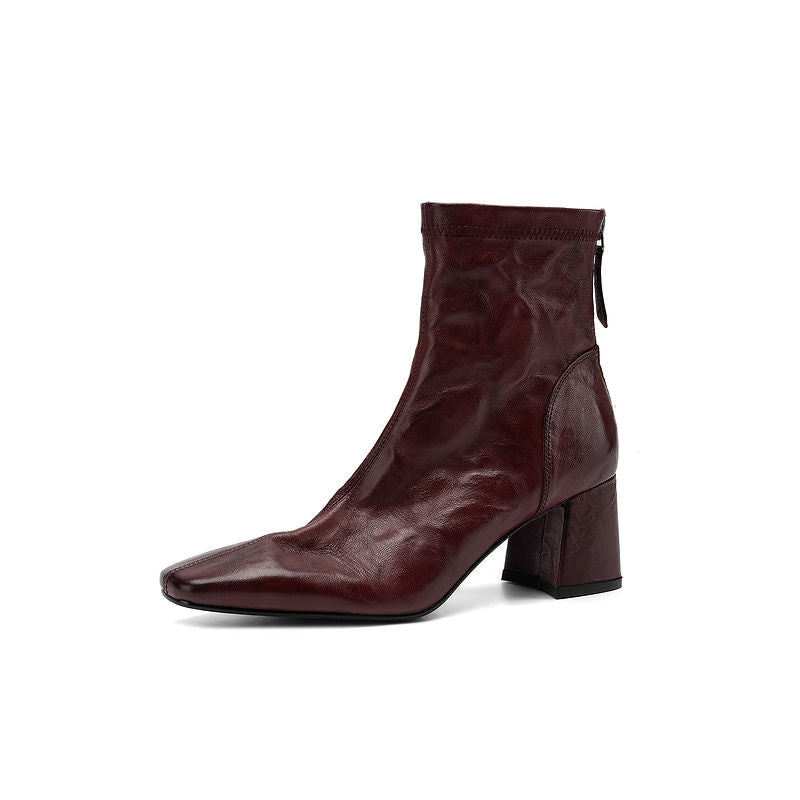 Bottes élégantes en cuir à talon haut, à zip arrière, à la cheville, en Rouge/Noir