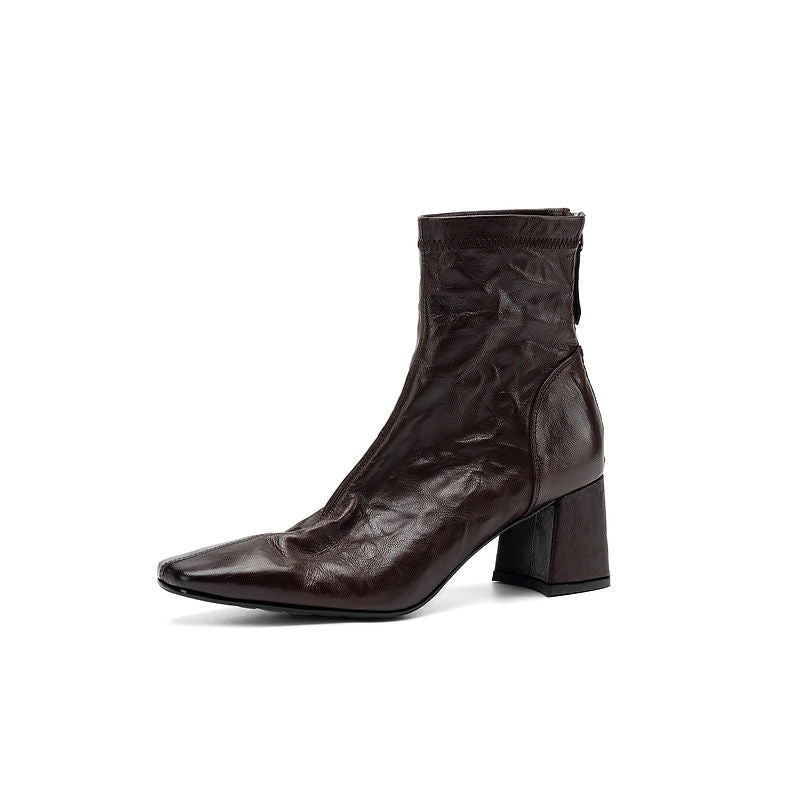 Bottes élégantes en cuir à talon haut, à zip arrière, à la cheville, en Rouge/Noir