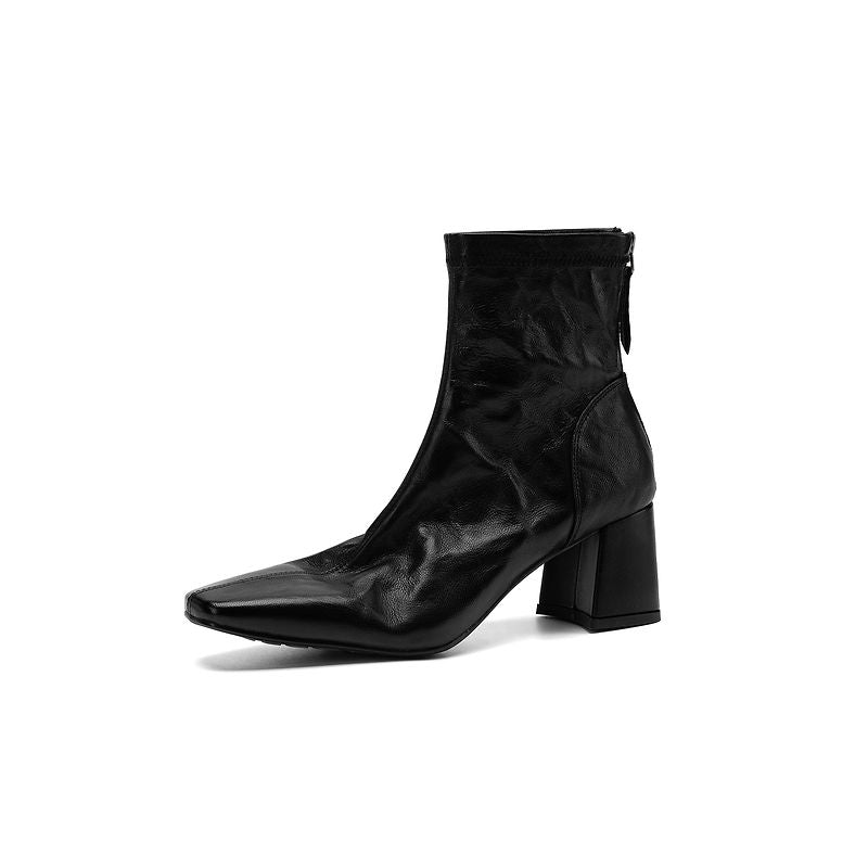 Bottes élégantes en cuir à talon haut, à zip arrière, à la cheville, en Rouge/Noir