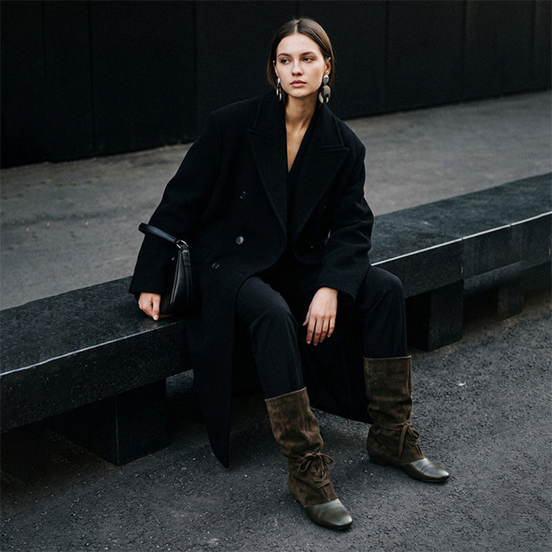 Bottes courtes en cuir suédé à bout amande pour femmes, rétro, western, avec bord en léopard en Noir/Marron thé