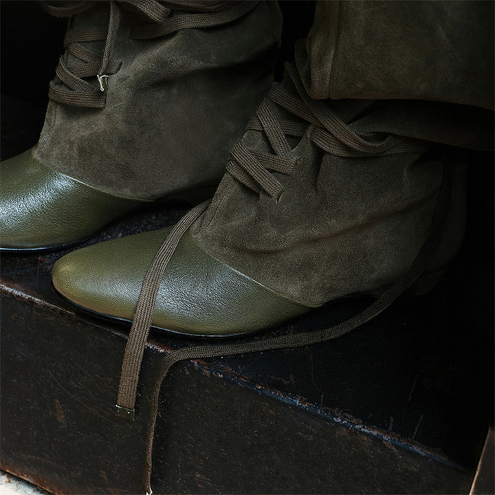 Bottes courtes en cuir suédé à bout amande pour femmes, rétro, western, avec bord en léopard en Noir/Marron thé