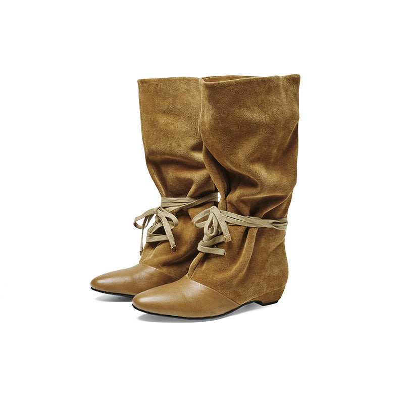 Bottes courtes en cuir suédé à bout amande pour femmes, rétro, western, avec bord en léopard en Noir/Marron thé
