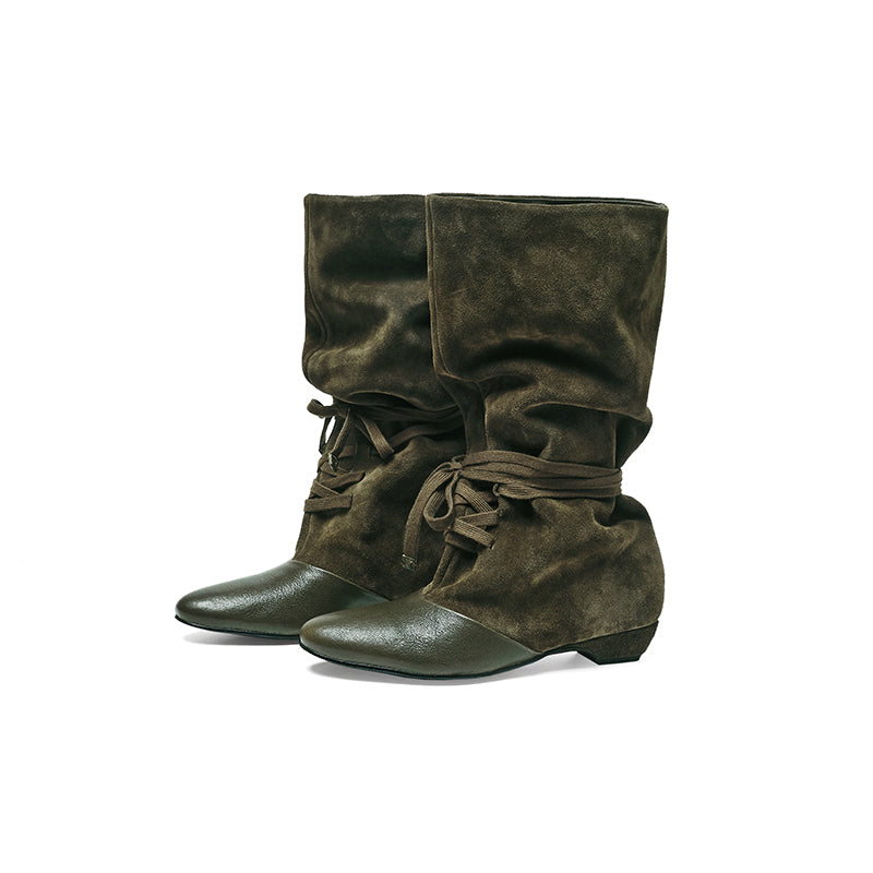 Bottes courtes en cuir suédé à bout amande pour femmes, rétro, western, avec bord en léopard en Noir/Marron thé