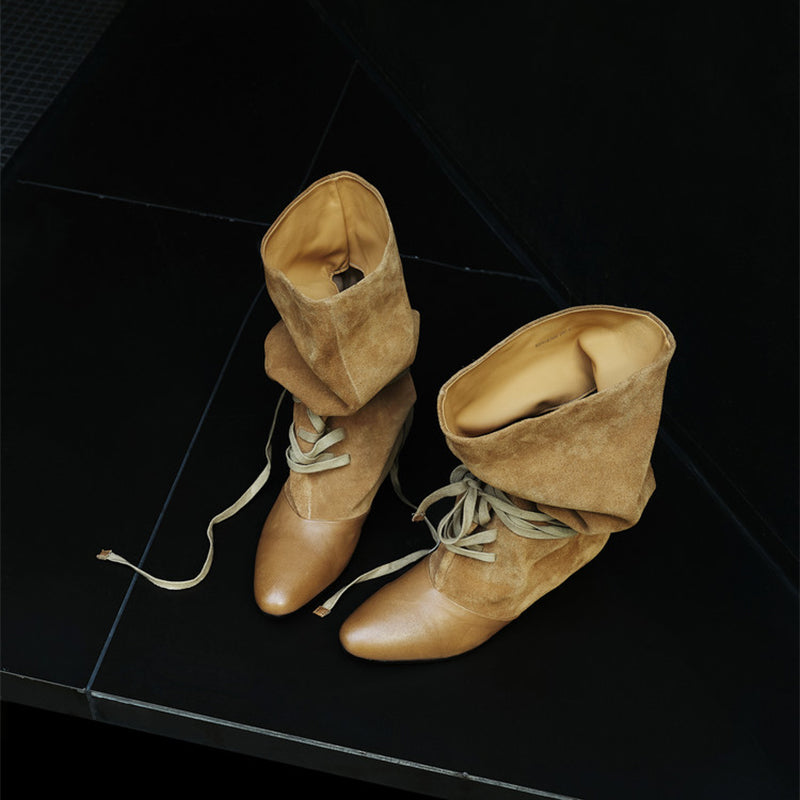 Bottes courtes en cuir suédé à bout amande pour femmes, rétro, western, avec bord en léopard en Noir/Marron thé