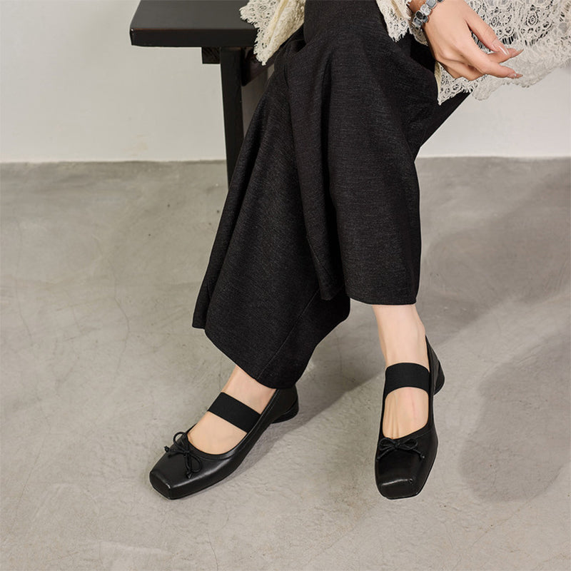 Ballerines Mary Jane en cuir faites à la main avec bande élastique et nœud en marron/noir/beige