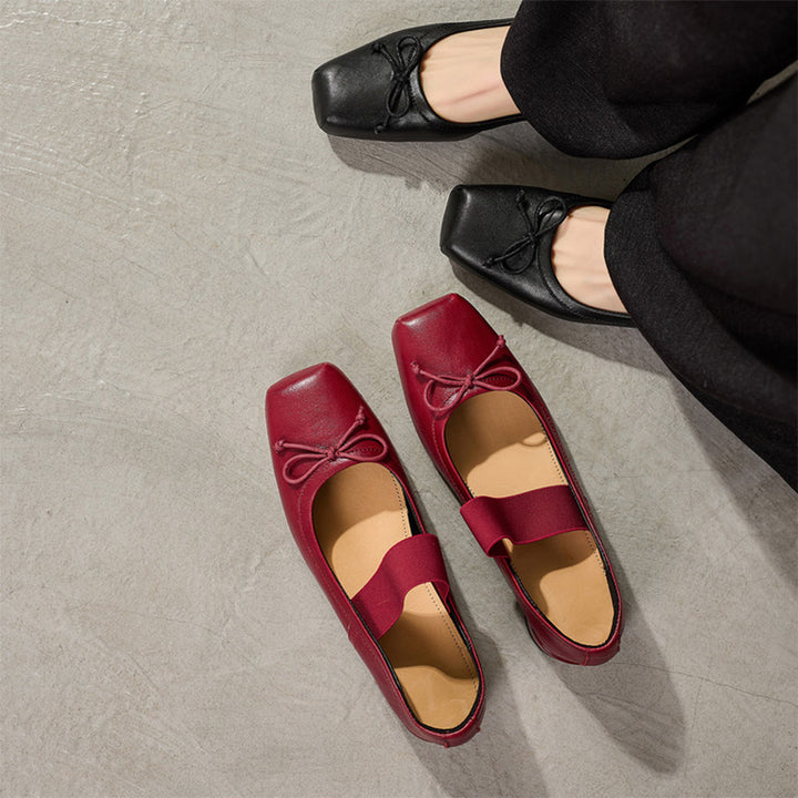 Ballerines Mary Jane en cuir faites à la main avec bande élastique et nœud en marron/noir/beige