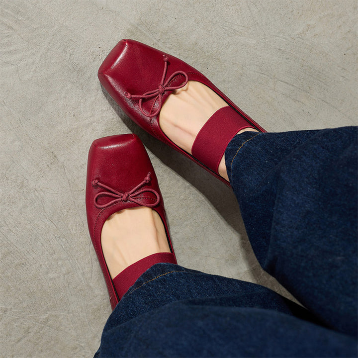Ballerines Mary Jane en cuir faites à la main avec bande élastique et nœud en marron/noir/beige