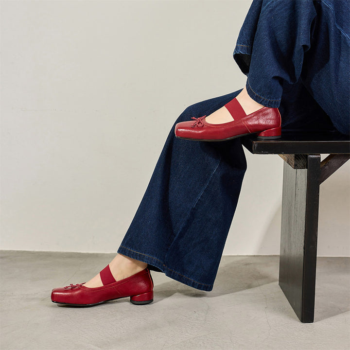 Ballerines Mary Jane en cuir faites à la main avec bande élastique et nœud en marron/noir/beige