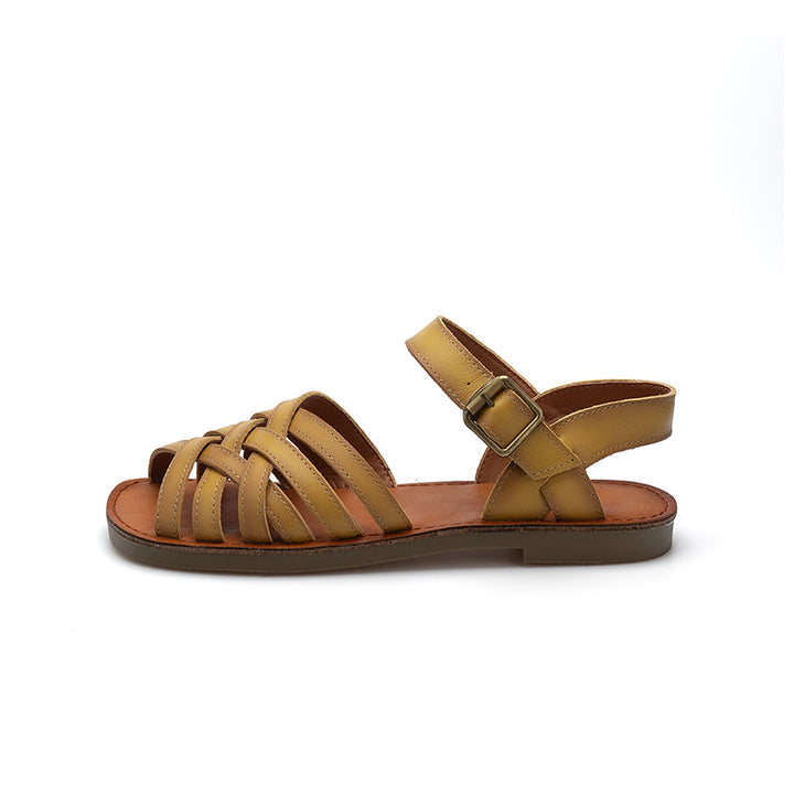 Woven Leather Gladiator Sandals for Women Flat Ankle Strap in Green/Yellow/Beige