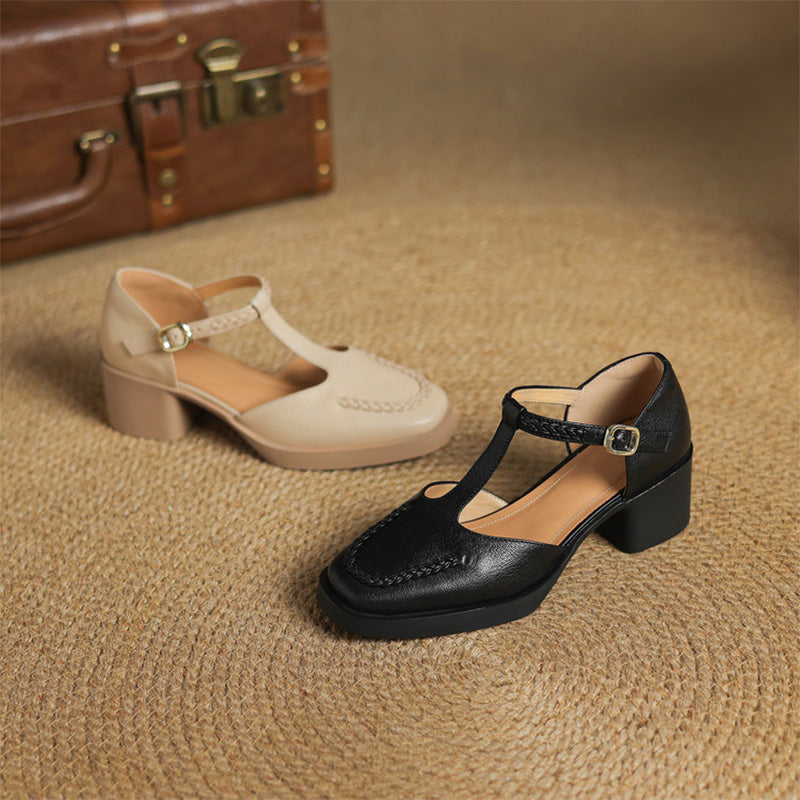 Sandales à talon T fermées en cuir faites à la main pour l&