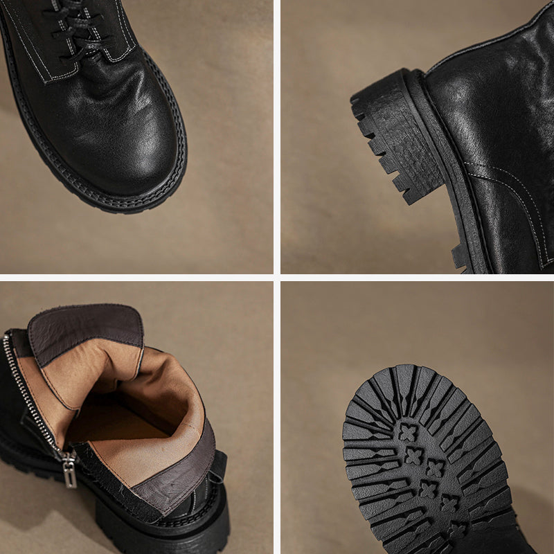Vintage Handmade Leather Platform Combat Ankle Boots with Side Zip in Black/Brown