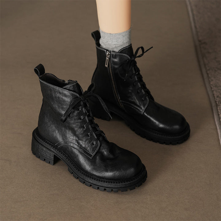 Vintage Handmade Leather Platform Combat Ankle Boots with Side Zip in Black/Brown