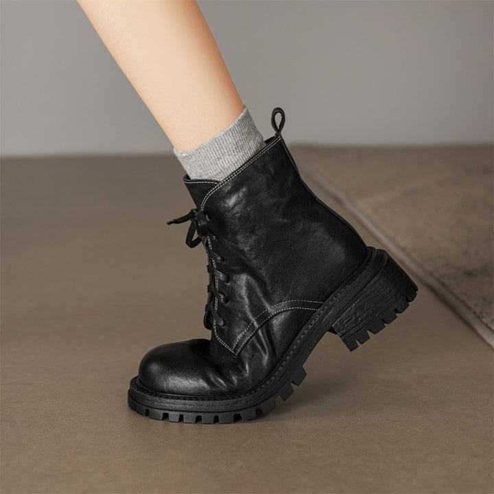 Vintage Handmade Leather Platform Combat Ankle Boots with Side Zip in Black/Brown