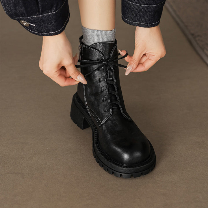 Vintage Handmade Leather Platform Combat Ankle Boots with Side Zip in Black/Brown