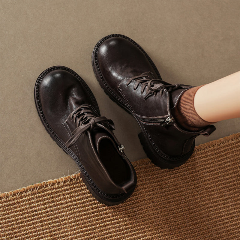 Vintage Handmade Leather Platform Combat Ankle Boots with Side Zip in Black/Brown