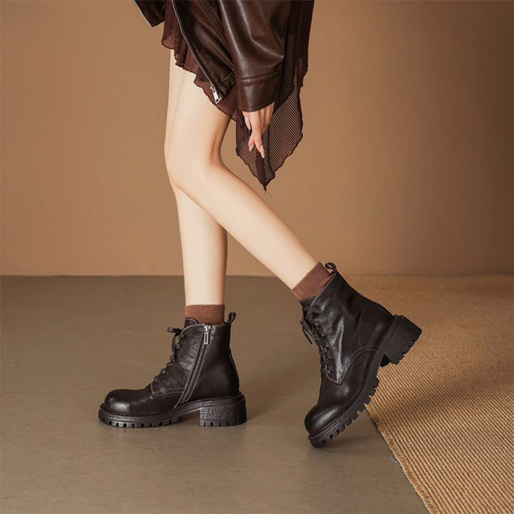 Vintage Handmade Leather Platform Combat Ankle Boots with Side Zip in Black/Brown