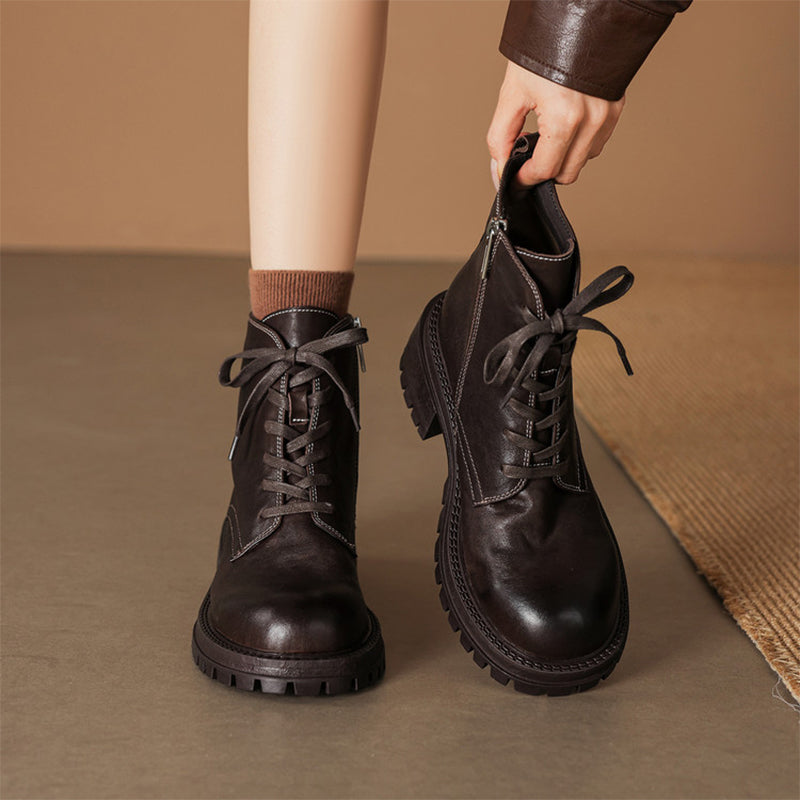 Vintage Handmade Leather Platform Combat Ankle Boots with Side Zip in Black/Brown