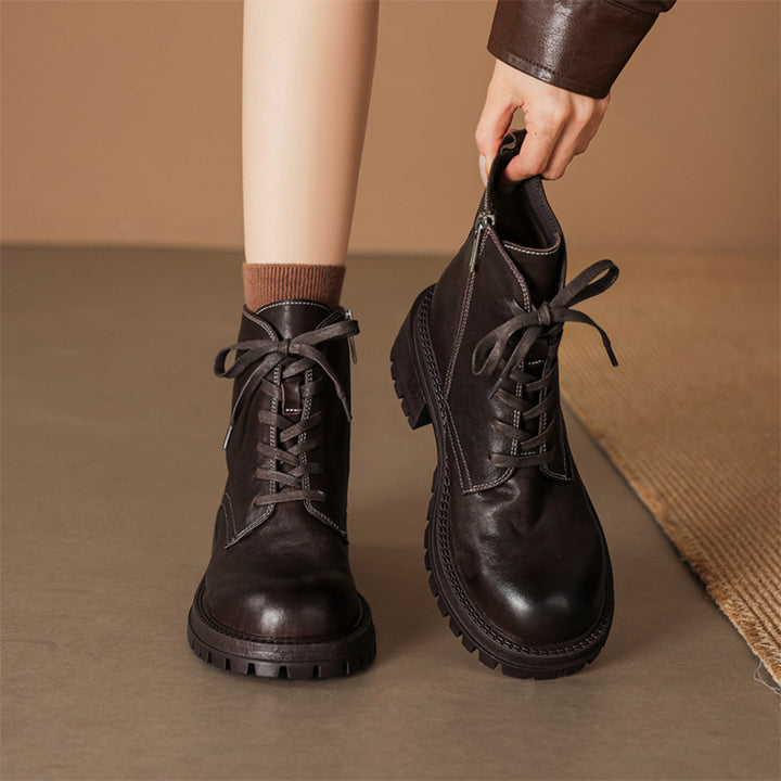 Vintage Handmade Leather Platform Combat Ankle Boots with Side Zip in Black/Brown