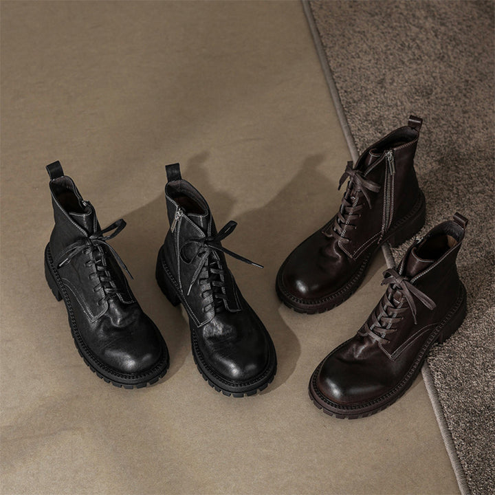 Vintage Handmade Leather Platform Combat Ankle Boots with Side Zip in Black/Brown